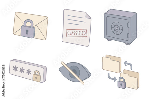 Confidential Data Icons. Isometric vector illustration set Confidential data protection: envelope with lock seal, document with