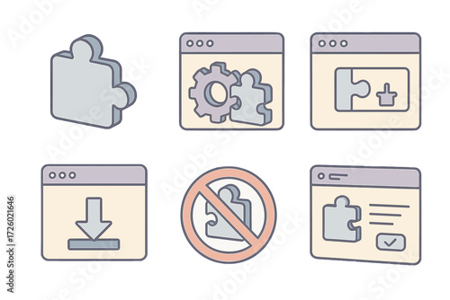 Isometric Browser Plugins. Isometric vector illustration set Browser extensions and plugins: puzzle piece icon, settings gear with