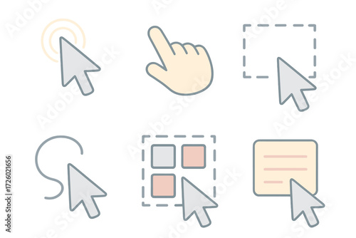 Isometric Cursor Icons. Isometric vector illustration set Cursor click drag select: arrow cursor with ripple click, hand pointer