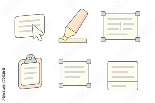 Text Tool Icon Set. Isometric vector illustration set Text selection tools: cursor selecting paragraph, highlight tool over