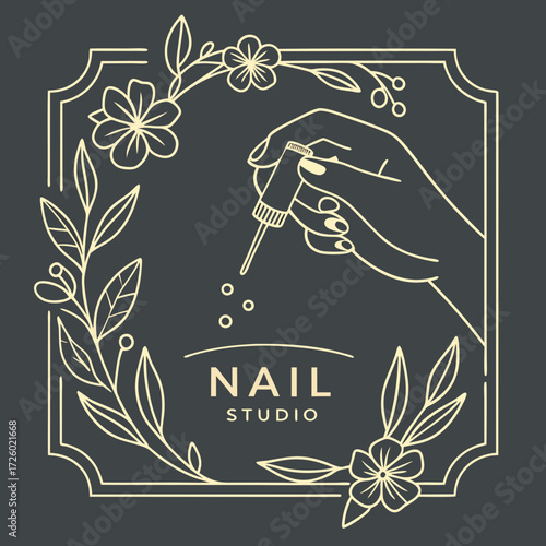 Elegant nail studio logo design featuring hand polish flowers and a decorative frame for branding and beauty businesses vector art