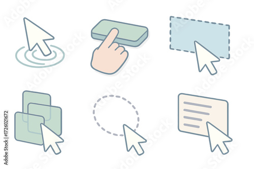 Isometric Cursor Icons. Isometric vector illustration set Cursor click drag select: arrow cursor with ripple click, hand pointer