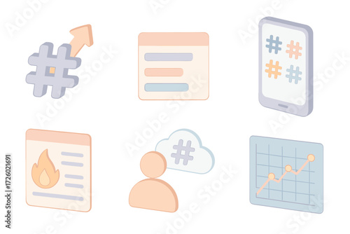 Viral Social Media Icons. Isometric vector illustration set Hashtag trend social media: hashtag symbol with upward arrow, trending