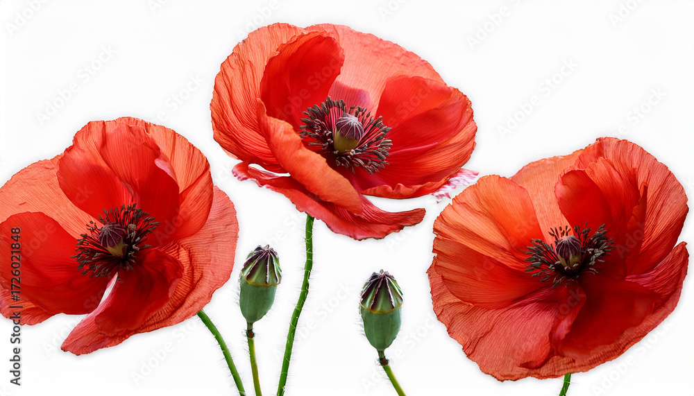 Obraz premium Three Bright Red Poppy Flowers Isolated On White Background