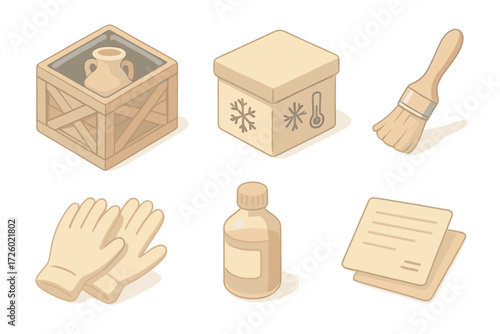 Artifact Preservation Methods. Isometric vector illustration set Artifact preservation methods: storage crate with padding,