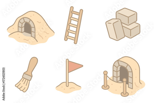 Tomb Excavation Scene. Isometric vector illustration set Tomb excavation site: sand-covered entrance, excavation ladder, stone