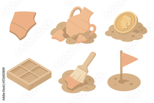 Ancient Artifact Excavation. Isometric vector illustration set Artifact relic dig site: ancient pottery shard, broken amphora