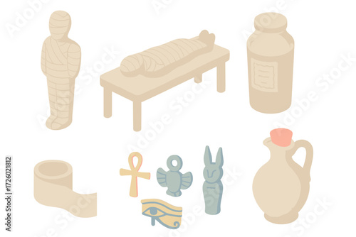 Mummification Process Icons. Isometric vector illustration set Mummification process elements: wrapped mummy figure, embalming
