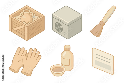 Artifact Preservation Methods. Isometric vector illustration set Artifact preservation methods: storage crate with padding,