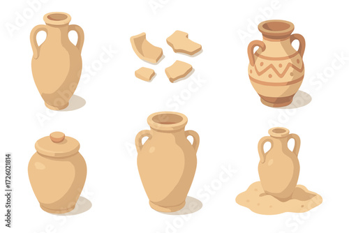 Ancient Pottery Icons. Isometric vector illustration set Amphora vase pottery storage: tall amphora with handles, broken pottery