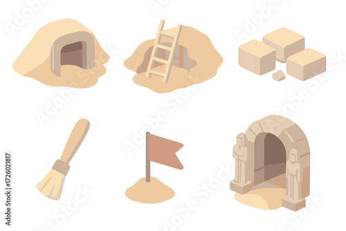 Tomb Excavation Scene. Isometric vector illustration set Tomb excavation site: sand-covered entrance, excavation ladder, stone