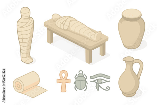 Mummification Process Icons. Isometric vector illustration set Mummification process elements: wrapped mummy figure, embalming