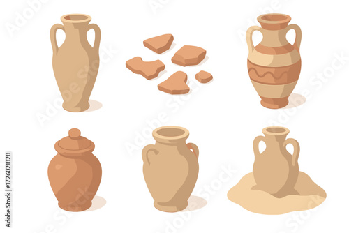 Ancient Pottery Icons. Isometric vector illustration set Amphora vase pottery storage: tall amphora with handles, broken pottery