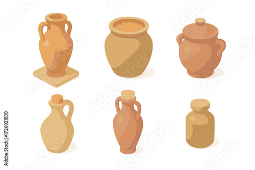 Isometric Storage Vessels. Isometric vector illustration set Household storage vessels: amphora in kitchen corner, clay jar for