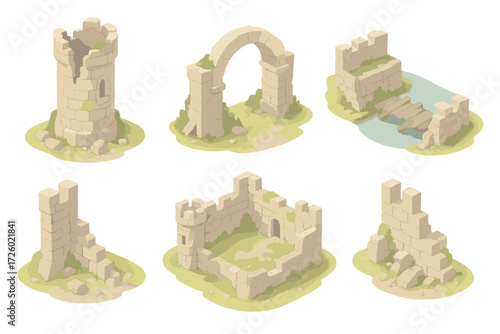 Medieval Castle Ruins. Isometric vector illustration set Medieval castle ruins: broken tower walls, collapsed gatehouse arch, moss