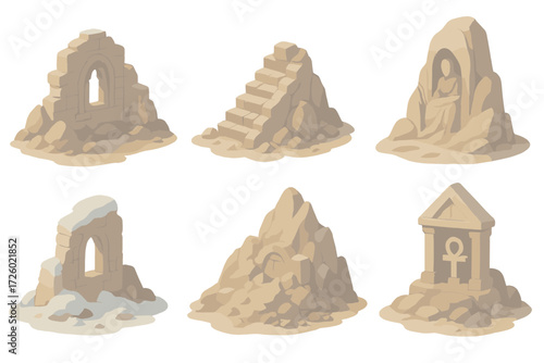 Mountain Ruins Icons. Isometric vector illustration set Mountain ruins remnants: stone monastery ruins, collapsed rocky staircase,