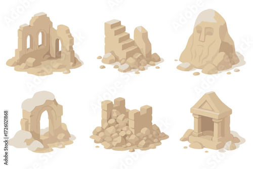 Mountain Ruins Icons. Isometric vector illustration set Mountain ruins remnants: stone monastery ruins, collapsed rocky staircase,