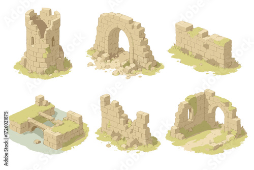 Medieval Castle Ruins. Isometric vector illustration set Medieval castle ruins: broken tower walls, collapsed gatehouse arch, moss