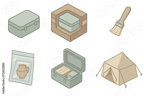 Archaeological Discovery Icons. Isometric vector illustration set Archaeological time capsule discovery: excavated metal box, soil