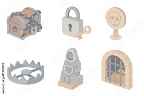 Treasure Guardian Icons. Isometric vector illustration set Treasure guarding elements: chest with heavy chains, padlock with key,