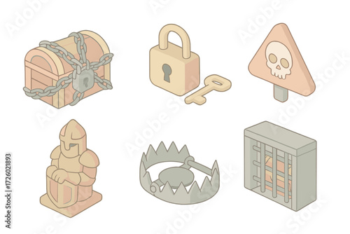Treasure Guardian Icons. Isometric vector illustration set Treasure guarding elements: chest with heavy chains, padlock with key,