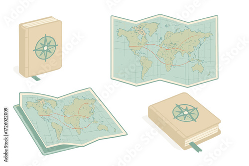 Travel Atlas Illustrations. Isometric vector illustration set atlas book world countries: travel atlas pocket size, foldout map