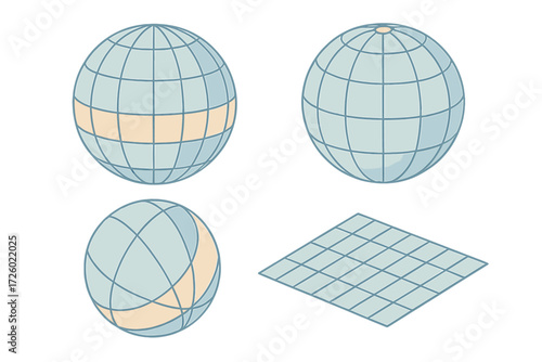Pastel Globe Grid. Isometric vector illustration set meridian longitude latitude grid: globe with curved meridian lines,