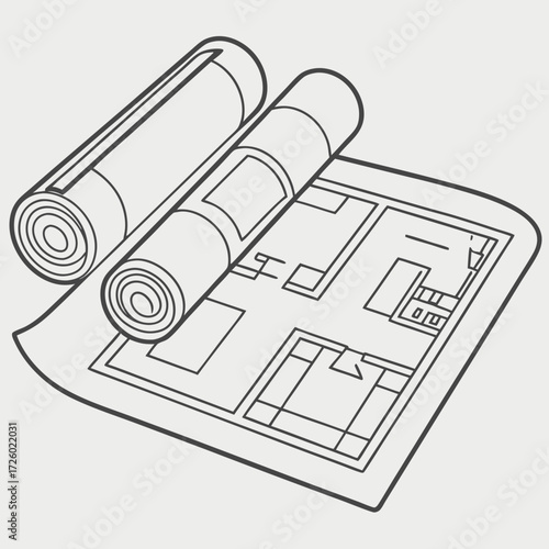 Architectural blueprint and rolled plans for building design and construction projects, symbolizing planning and creation