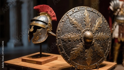 Ancient Roman helmet and shield display