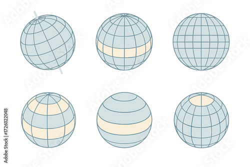 Isometric Earth Grid. Isometric vector illustration set meridian longitude latitude grid: earth grid with rotational tilt, equator