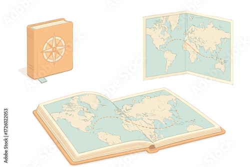 Travel Atlas Illustrations. Isometric vector illustration set atlas book world countries: travel atlas pocket size, foldout map