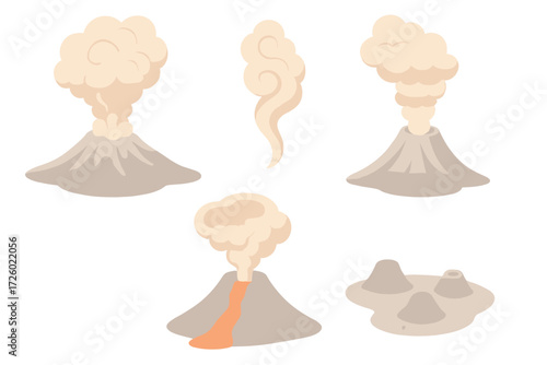 Volcano Eruption Icons. Isometric vector illustration set volcanic ash eruption plume: shield volcano silhouette, ash plume spiral
