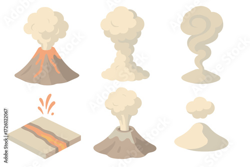 Volcanic Eruption Icons. Isometric vector illustration set volcanic ash eruption plume: mountain volcano eruption, ash plume