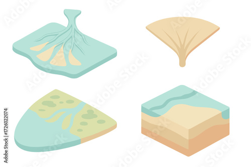 Isometric Delta Illustration. Isometric vector illustration set delta sediment deposit fan: river dividing into distributaries,