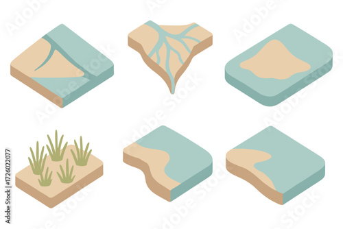 Isometric Delta Illustration. Isometric vector illustration set delta sediment deposit fan: triangular delta form, branching river