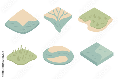 Isometric Delta Illustration. Isometric vector illustration set delta sediment deposit fan: triangular delta form, branching river