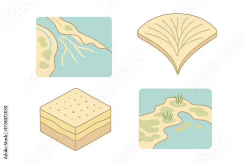 Isometric Delta Illustration. Isometric vector illustration set delta sediment deposit fan: river dividing into distributaries,