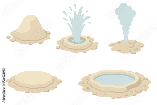 Isometric Geyser Eruption. Isometric vector illustration set geyser hot water erupt: geyser cone mound, sudden water burst,