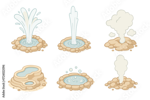 Geyser Eruption Illustration. Isometric vector illustration set geyser hot water erupt: eruptive geyser fountain, vertical jet