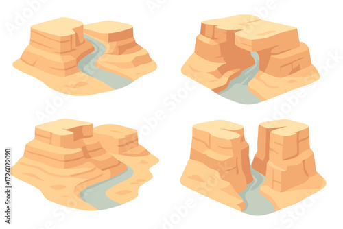 Eroded Canyon River. Isometric vector illustration set canyon erosion river deep: steep gorge with flowing river, eroded canyon
