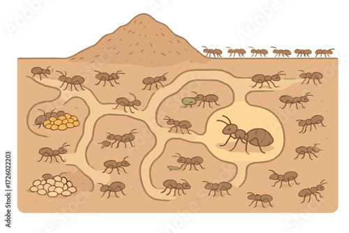 Ant Colony Isometric View. Isometric vector illustration set ant colony tunnel teamwork: ants inside tunnel system, food storage