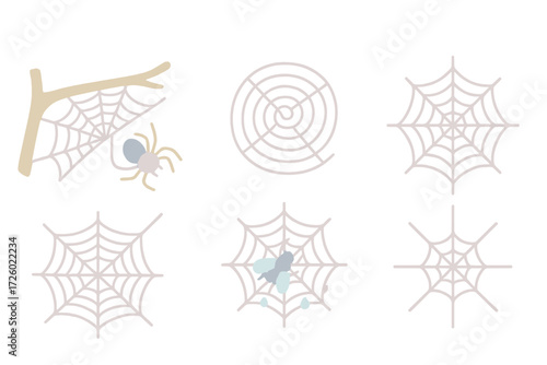 Spider Web Elegance. Isometric vector illustration set spider web silk trap: web between two branches, spider weaving motion,