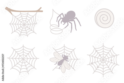 Spider Web Elegance. Isometric vector illustration set spider web silk trap: web between two branches, spider weaving motion,