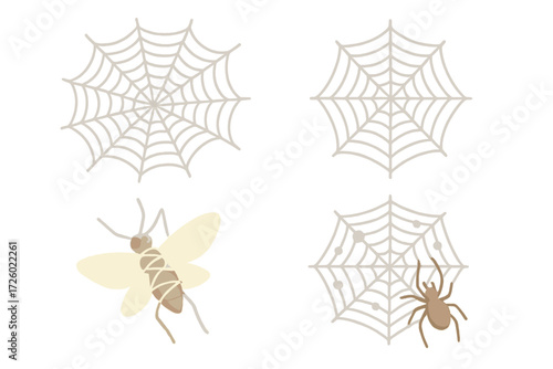 Spider Web Illumination. Isometric vector illustration set spider web silk trap: detailed spider silk net, circular web design,