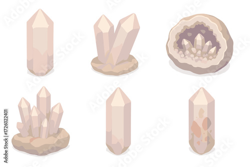 Pastel Quartz Icons. Isometric vector illustration set Natural quartz clusters: hexagonal prism quartz crystal, twin quartz growth