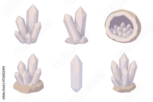 Pastel Quartz Icons. Isometric vector illustration set Natural quartz clusters: hexagonal prism quartz crystal, twin quartz growth