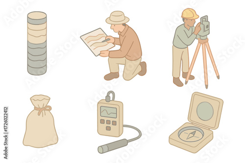 Geological Exploration Tools. Isometric vector illustration set Geological exploration: rock core drill sample, geologist mapping