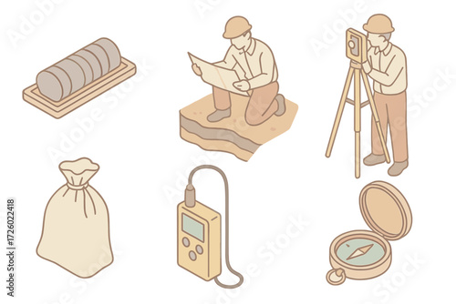 Geological Exploration Tools. Isometric vector illustration set Geological exploration: rock core drill sample, geologist mapping
