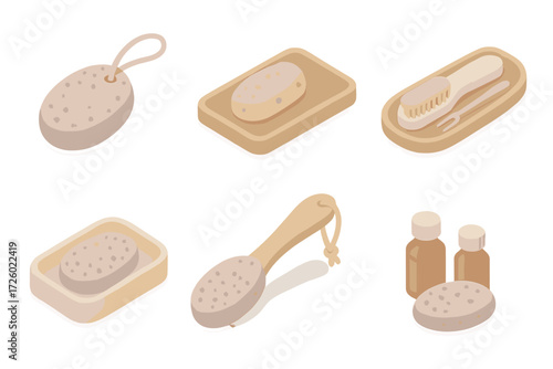 Pumice Spa Essentials. Isometric vector illustration set Spa & wellness pumice: pumice massage stone, pumice exfoliation treatment