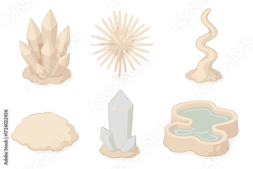 Calcite Crystal Wonderland. Isometric vector illustration set Calcite crystal cave features: calcite dogtooth crystal cluster,
